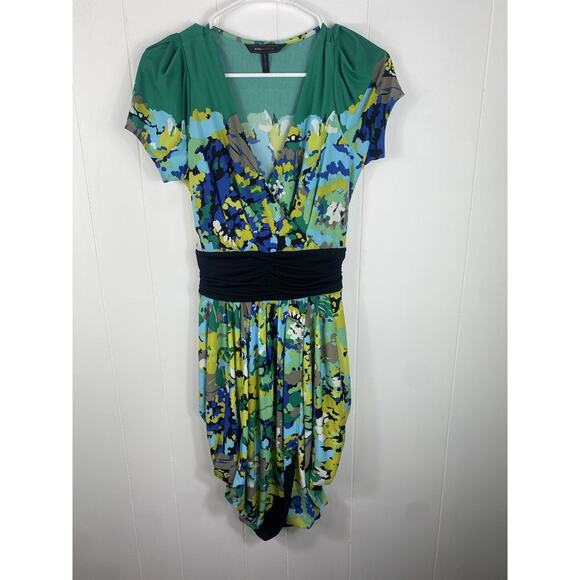 BCBG MAXAZRIA Faux Wrap Dress XS Green Yellow Spring Summer Career Y2K Preppy - Picture 1 of 9